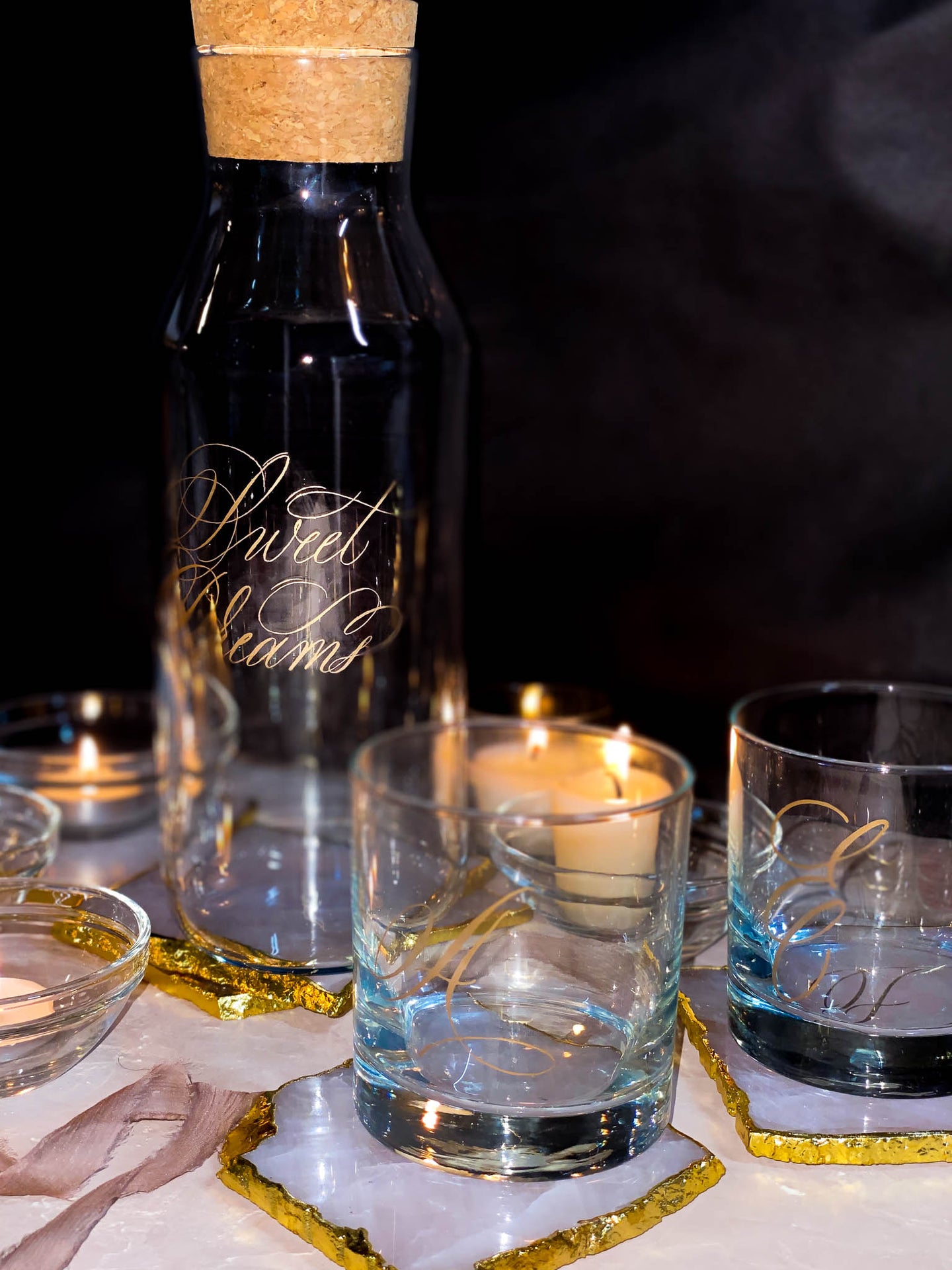 Gold Calligraphy engraved carafe with drinking glasses